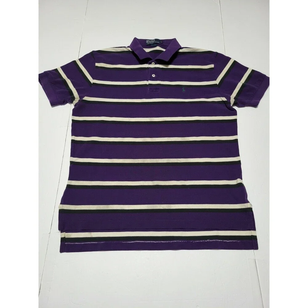 (#L7) Polo Ralph Lauren Mens Large Purple Black Striped Short Sleeve